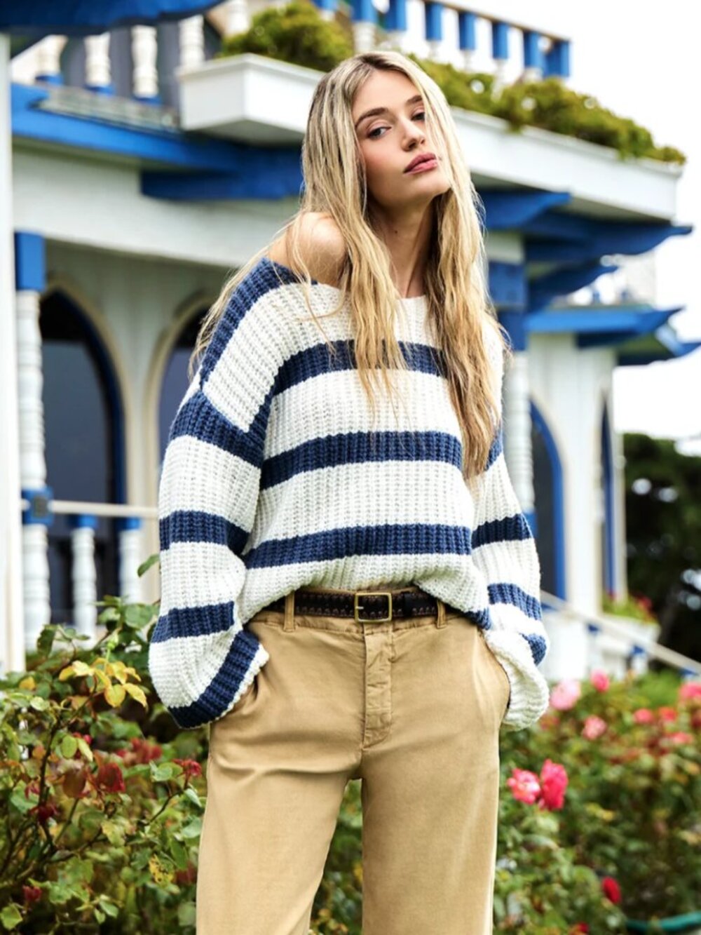 Kut from the Kloth Iona Stripe Sweater - LARGE / Ivory/Indigo